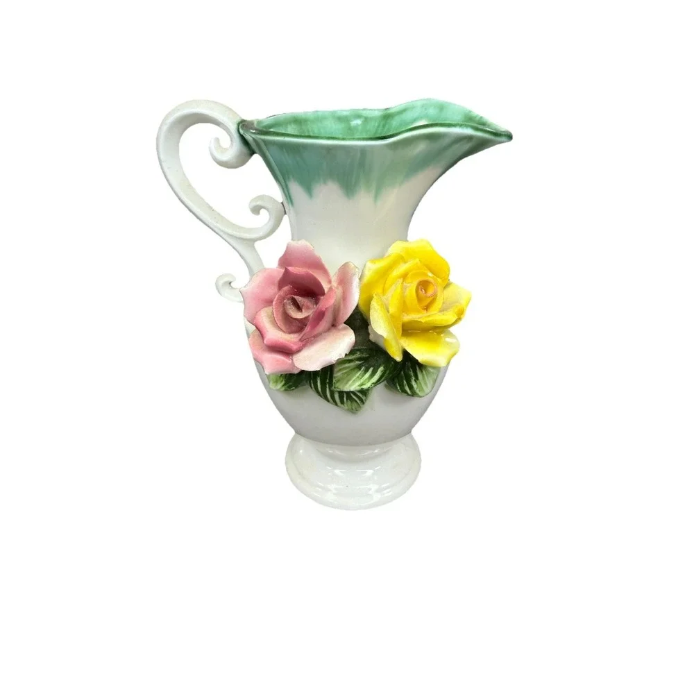 Vintage Wales Japan Ceramic Rose Pitcher Vase Pink Yellow Flowers Green Drip